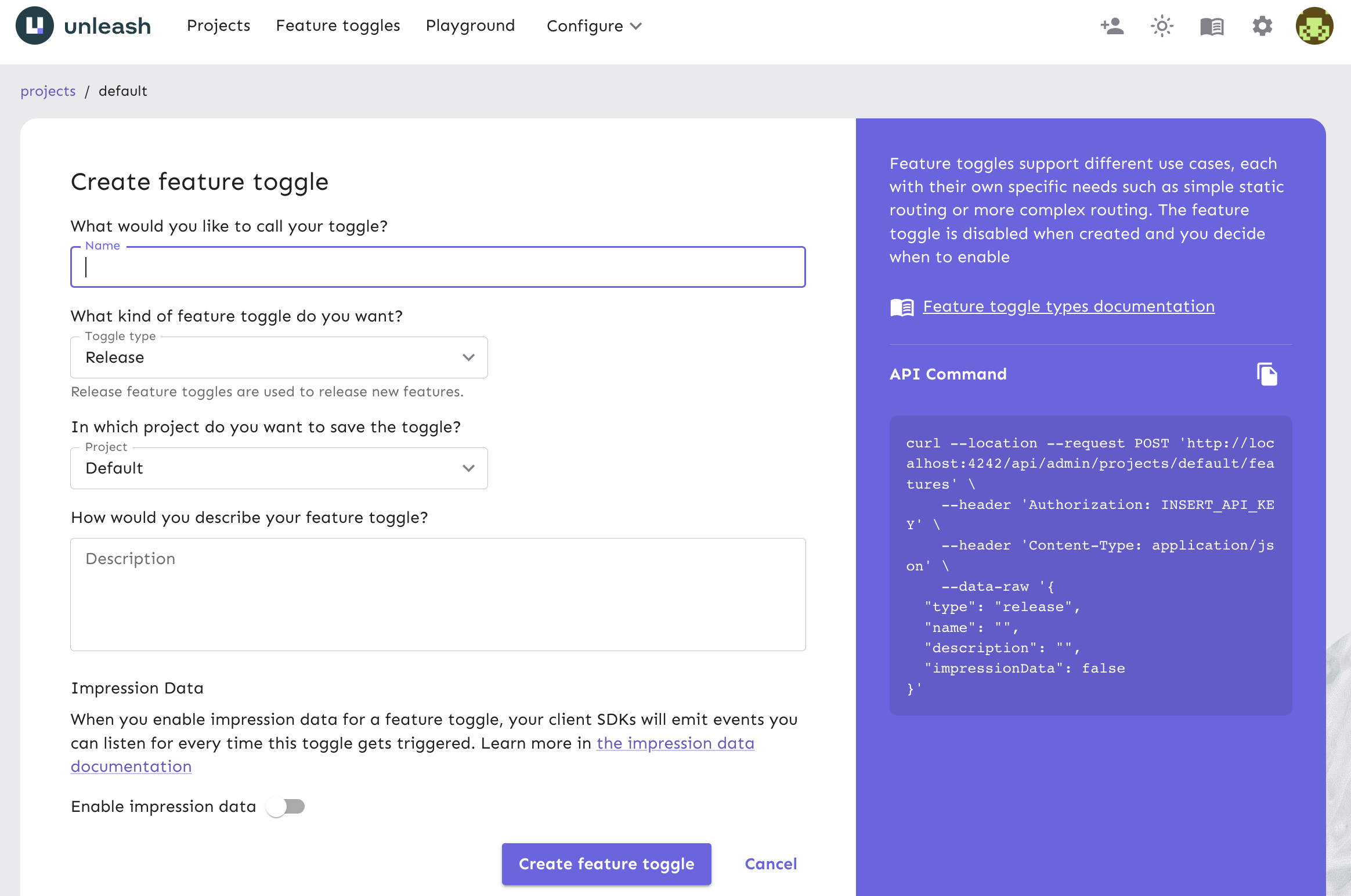 Create a feature flag by filling out the form fields.